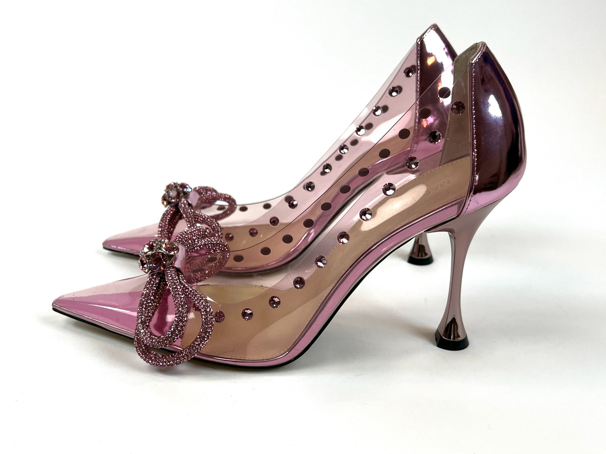 Excellent Pre-Loved Pink PVC Point Toe Heels with Crystal Embellished Double Bow and Details. (side)