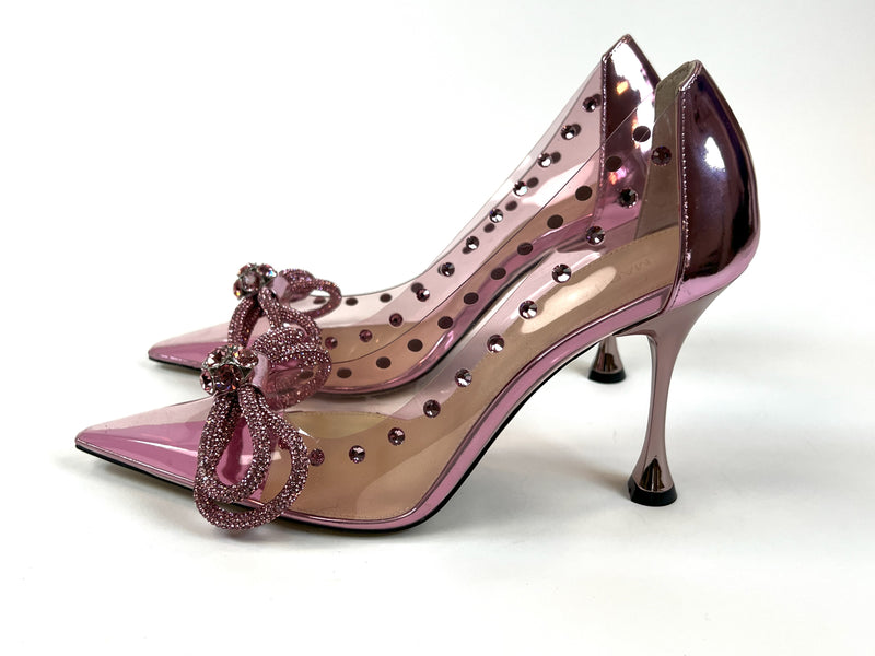 Excellent Pre-Loved Pink PVC Point Toe Heels with Crystal Embellished Double Bow and Details. (side)