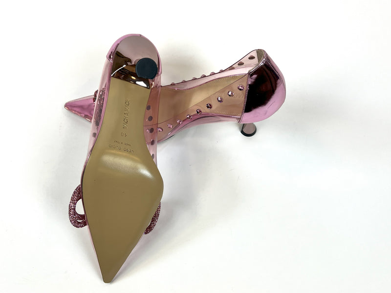 Excellent Pre-Loved Pink PVC Point Toe Heels with Crystal Embellished Double Bow and Details. (bottom)