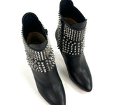Excellent Pre-Loved Black Leather Silver Studded Point Toe Stiletto Heel Ankle Boots.(top)