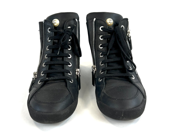 Pre-Loved Black Leather Double Zip Lace Up High Top Sneakers with Pearl Detail. (front)