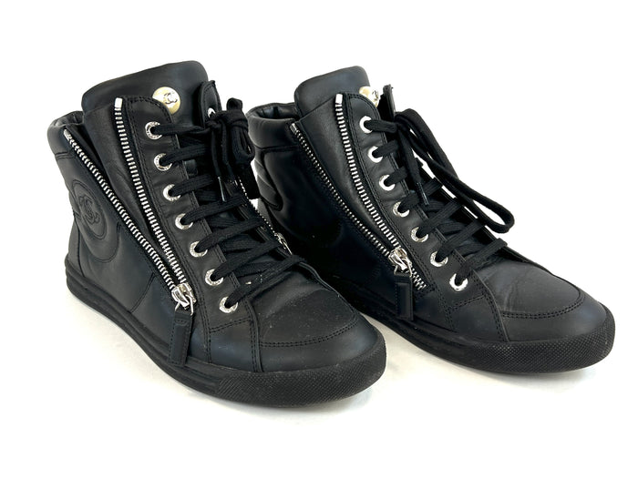 Pre-Loved Black Leather Double Zip Lace Up High Top Sneakers with Pearl Detail. (side)