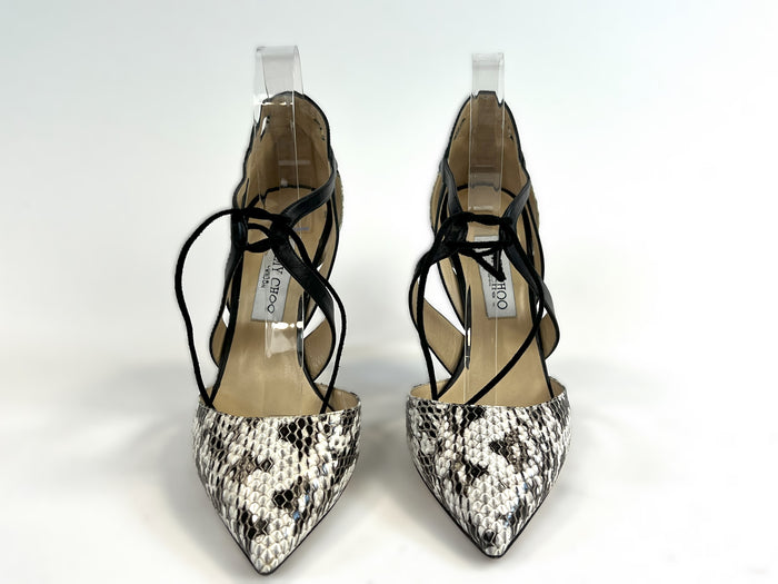 Excellent Pre-Loved Exotic Leather with Black Leather Details Point Toe Strappy Heels. (front)