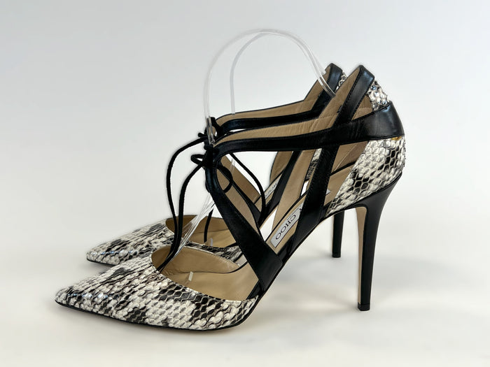Excellent Pre-Loved Exotic Leather with Black Leather Details Point Toe Strappy Heels.(side)