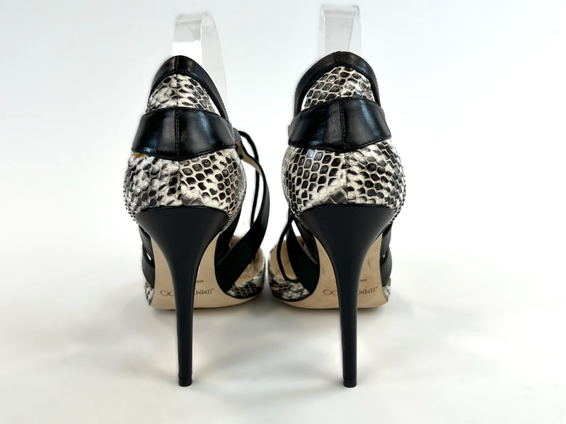 Excellent Pre-Loved Exotic Leather with Black Leather Details Point Toe Strappy Heels.(back)