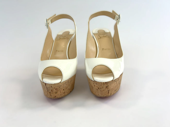 Pre-Loved White Patent Leather Peep Toe Open Back Cork Wedge Sandals with Ankle Strap.(Front)