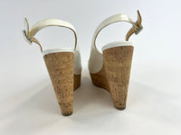 Pre-Loved White Patent Leather Peep Toe Open Back Cork Wedge Sandals with Ankle Strap. (back)