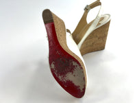 Pre-Loved White Patent Leather Peep Toe Open Back Cork Wedge Sandals with Ankle Strap. (bottom)