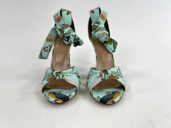 Excellent Pre-Loved Light Blue Fabric Open Toe Sandals with Floral Print and Ankle Tie.(front)