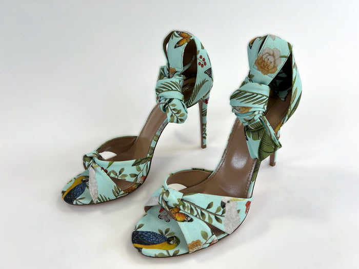Excellent Pre-Loved Light Blue Fabric Open Toe Sandals with Floral Print and Ankle Tie. (side)