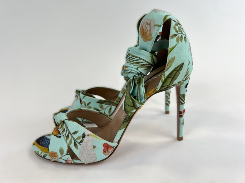 Excellent Pre-Loved Light Blue Fabric Open Toe Sandals with Floral Print and Ankle Tie.(side)
