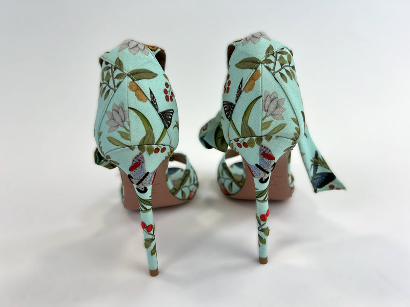 Excellent Pre-Loved Light Blue Fabric Open Toe Sandals with Floral Print and Ankle Tie.(back)