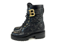 Pre-Loved Black Quilted Leather with Gold Tone Logo/Hardware Lace Up Combat Boots.(side)