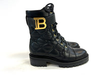 Pre-Loved Black Quilted Leather with Gold Tone Logo/Hardware Lace Up Combat Boots.(side)