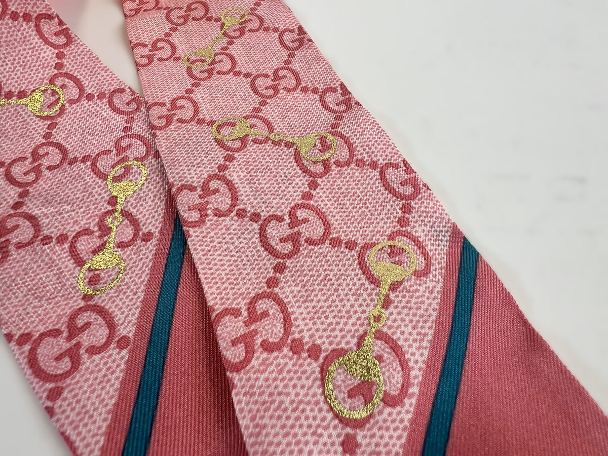 Excellent Pre-Loved Pink and Gold Monogram 100% Silk Twilly(close up)