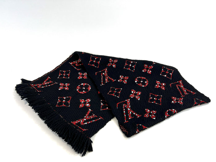 Excellent Pre-Loved Black and Red Jungle Print XL Monogram Silk and Wool Blend Scarf. (Front)