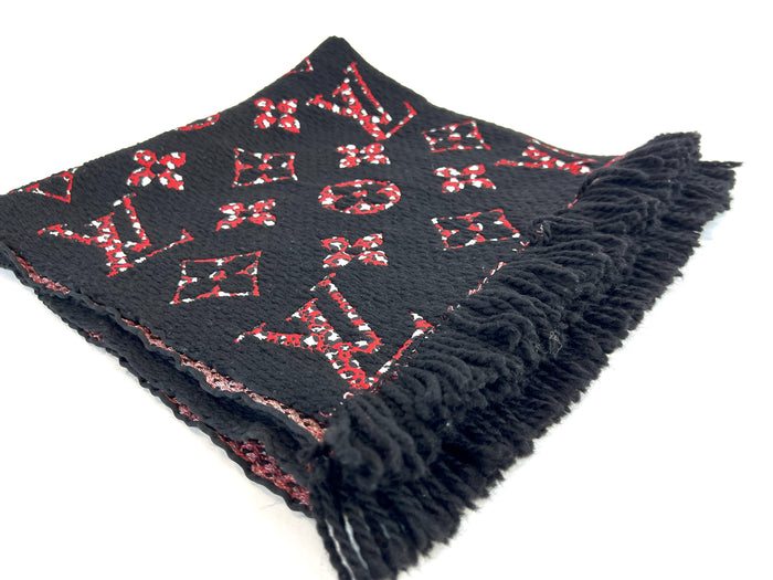 Excellent Pre-Loved Black and Red Jungle Print XL Monogram Silk and Wool Blend Scarf.(folded)