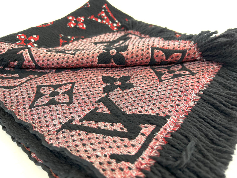 Excellent Pre-Loved Black and Red Jungle Print XL Monogram Silk and Wool Blend Scarf.(reverse side)