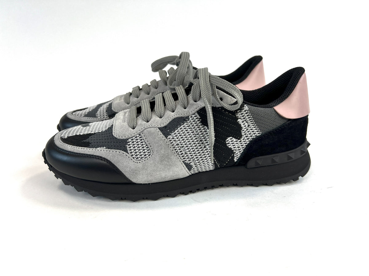 Excellent Pre-Loved Black and Grey Mesh Camouflage Patterned Sneakers with Pink Back Tab. (side)