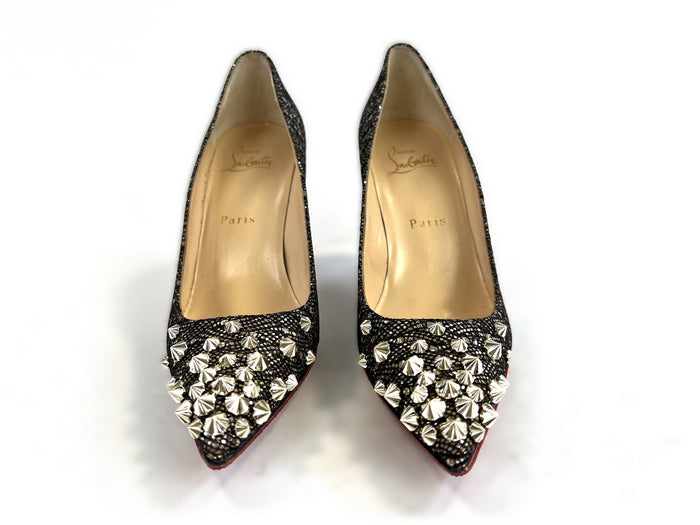 Excellent Pre-Loved Black and Gold Fabric Point Toe Heels with Gold Studs.  (front)