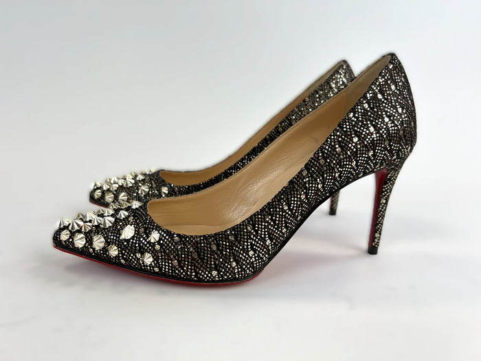 Excellent Pre-Loved Black and Gold Fabric Point Toe Heels with Gold Studs.  (side)