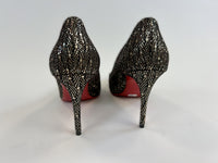 Excellent Pre-Loved Black and Gold Fabric Point Toe Heels with Gold Studs. (back)