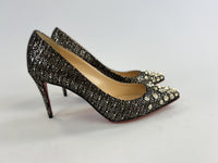 Excellent Pre-Loved Black and Gold Fabric Point Toe Heels with Gold Studs. (side)
