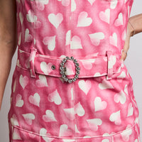 Alessandra Rich Pink Sweetheart Neck Pleated Dress with White Heart Pattern