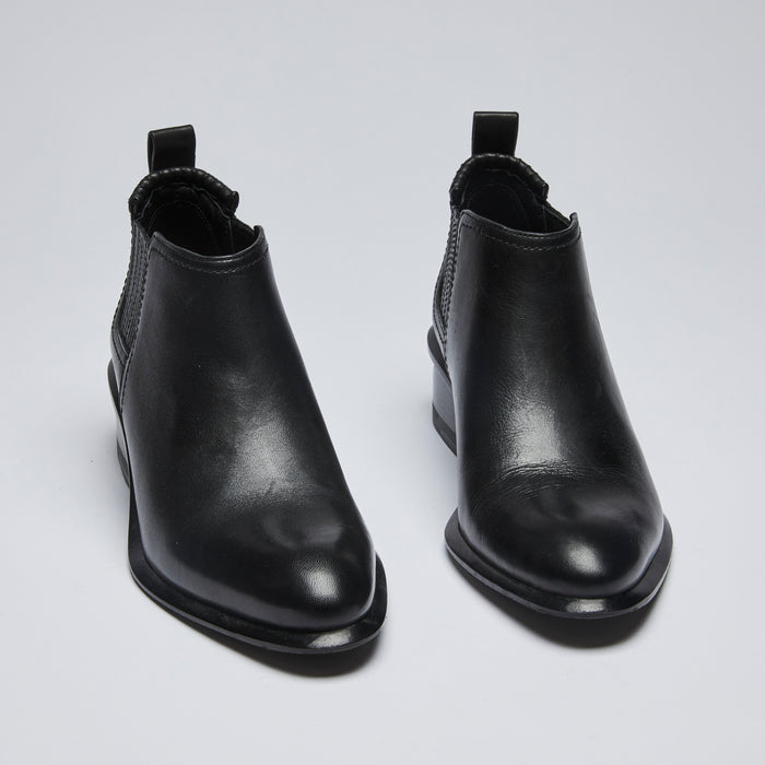 Excellent Pre-Loved Black Smooth Leather Ankle Boots with Silver Tone Cut Out Heel(front)