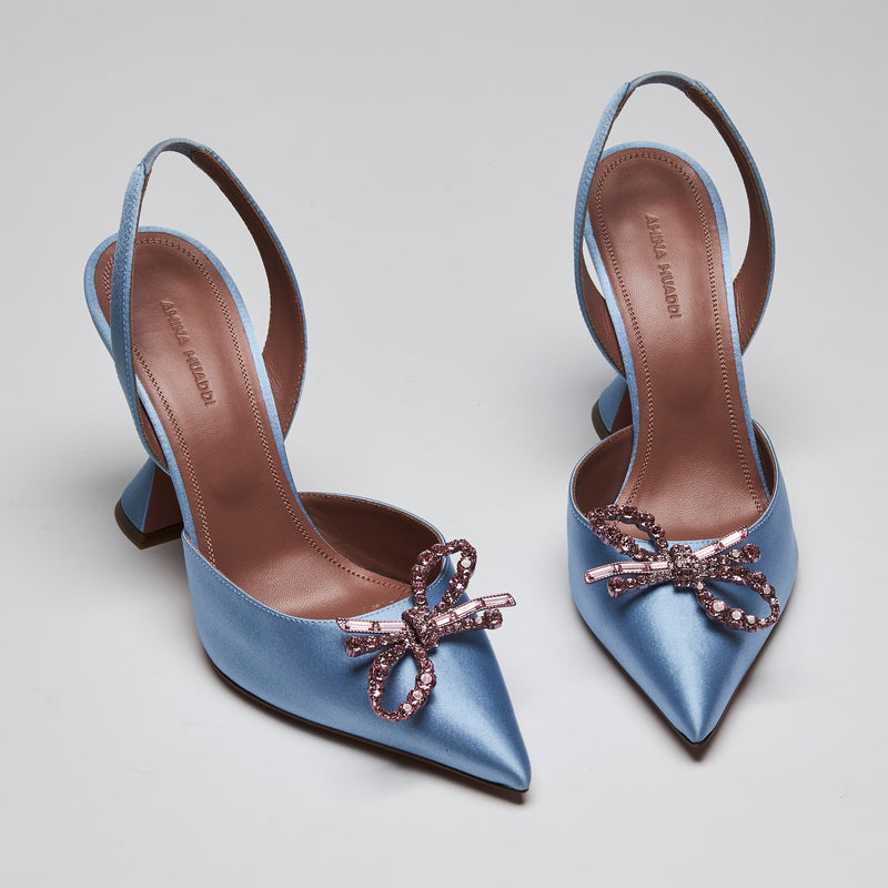 Amina Muaddi Light Blue Satin Rosie Crystal Bow Pumps (Front)