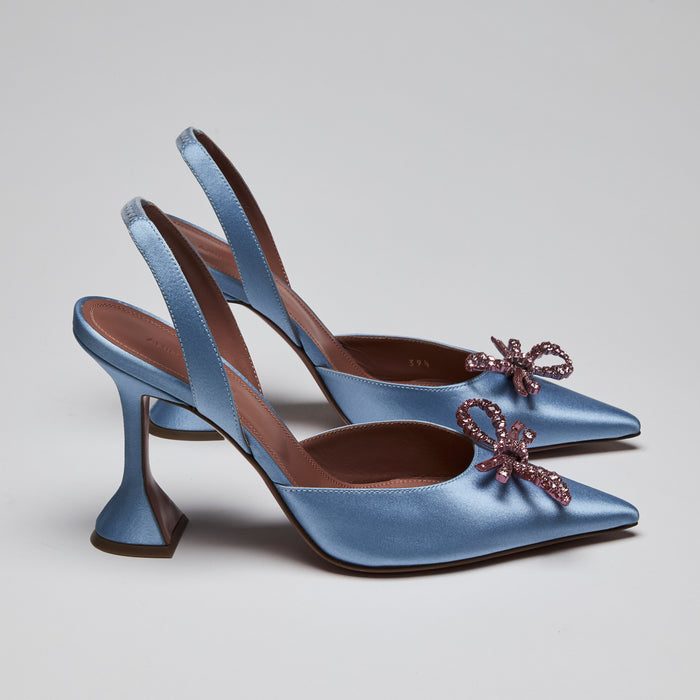 Amina Muaddi Light Blue Satin Rosie Crystal Bow Pumps (side)