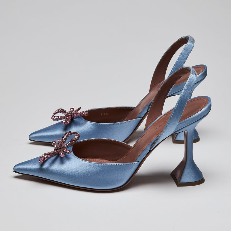 Amina Muaddi Light Blue Satin Rosie Crystal Bow Pumps (side)