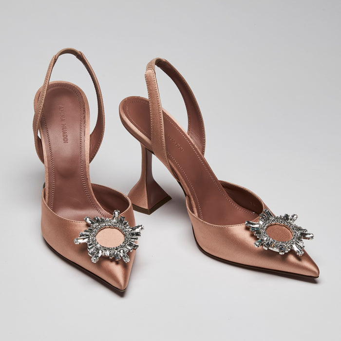 Amina Muaddi Beige Satin Begum Sling Back Pumps (front)