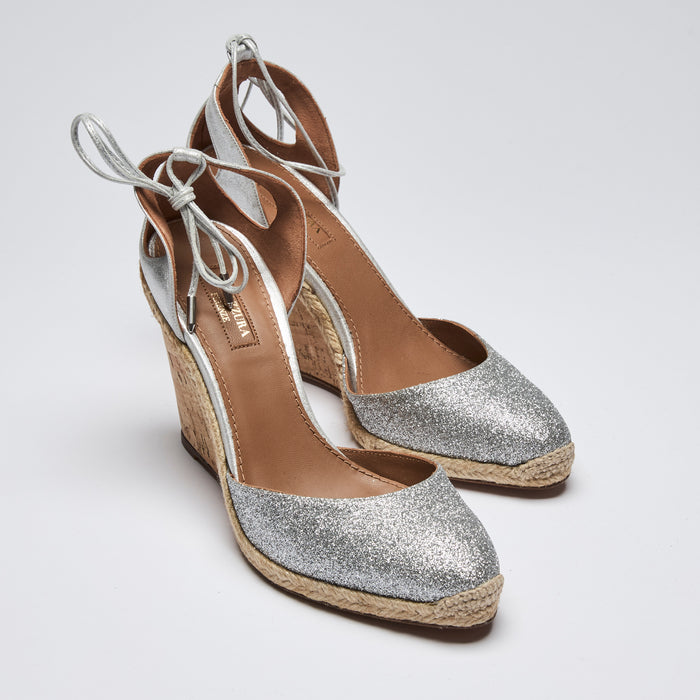 Excellent Pre-Loved Silver Metallic Leather and Glitter Cork Wedge Sandals with Ankle Straps. (Front)