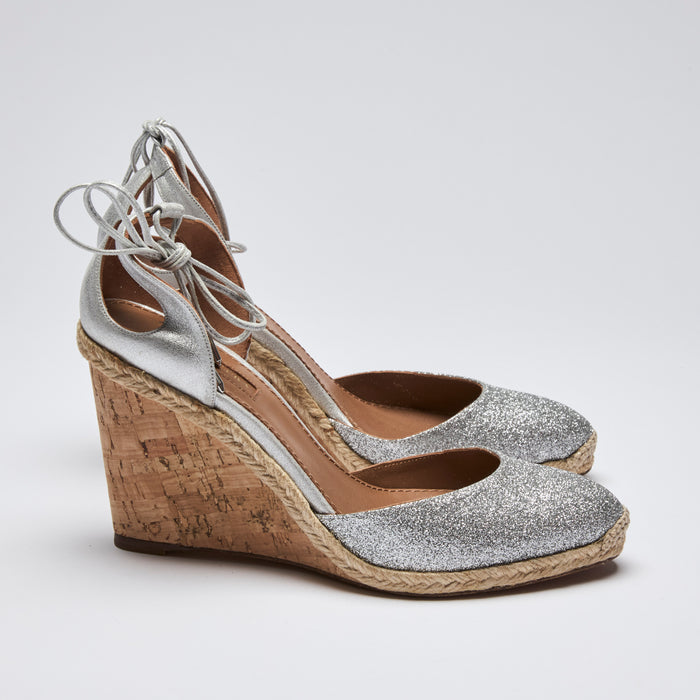 Excellent Pre-Loved Silver Metallic Leather and Glitter Cork Wedge Sandals with Ankle Straps. (side)