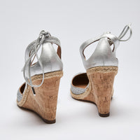 Excellent Pre-Loved Silver Metallic Leather and Glitter Cork Wedge Sandals with Ankle Straps.  (back)