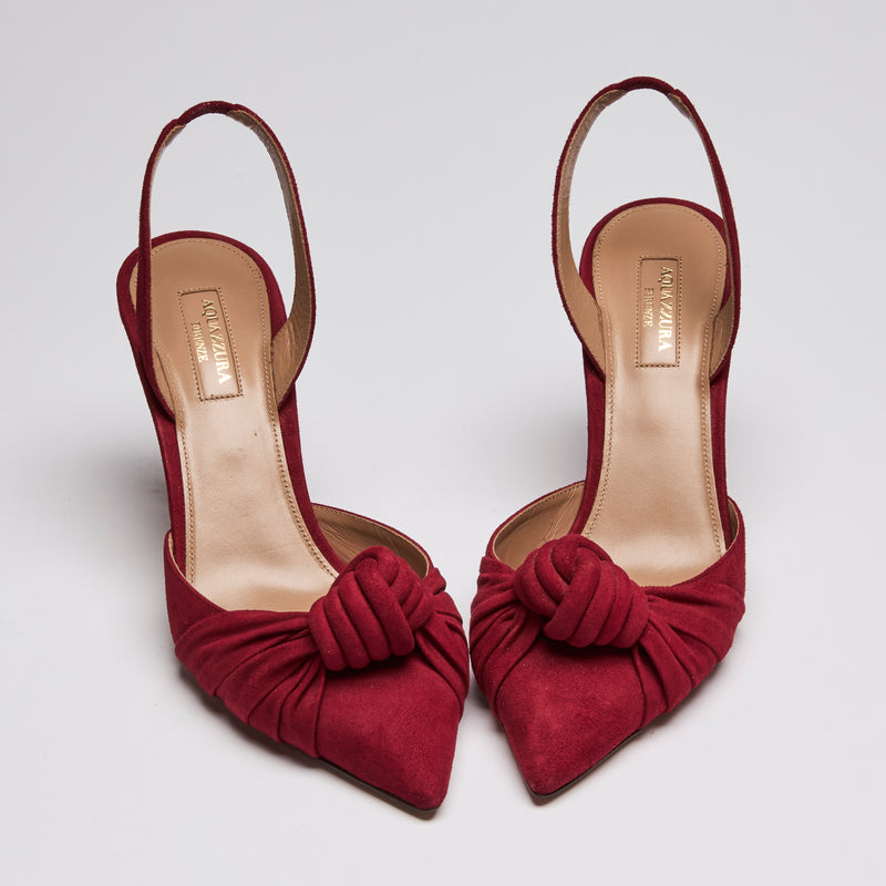 Aquazurra Red Suede Slingback Heels with Knot Detail Size 40