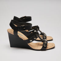 Pre-Loved Black Leather Studded Strappy Wedge Sandals. (side)