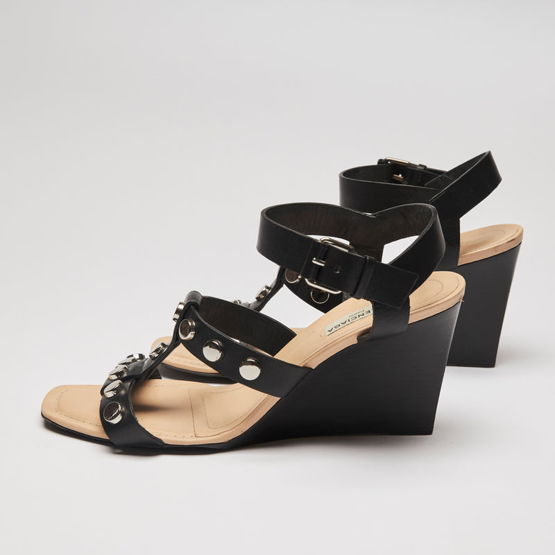 Pre-Loved Black Leather Studded Strappy Wedge Sandals. (side)