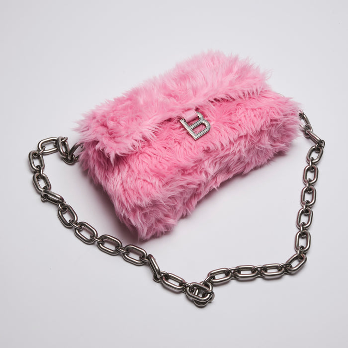 Excellent Pre-Loved Pink Faux Fur Chunky Chain Flap Bag with Aged Silver Tone Hardware.(front)