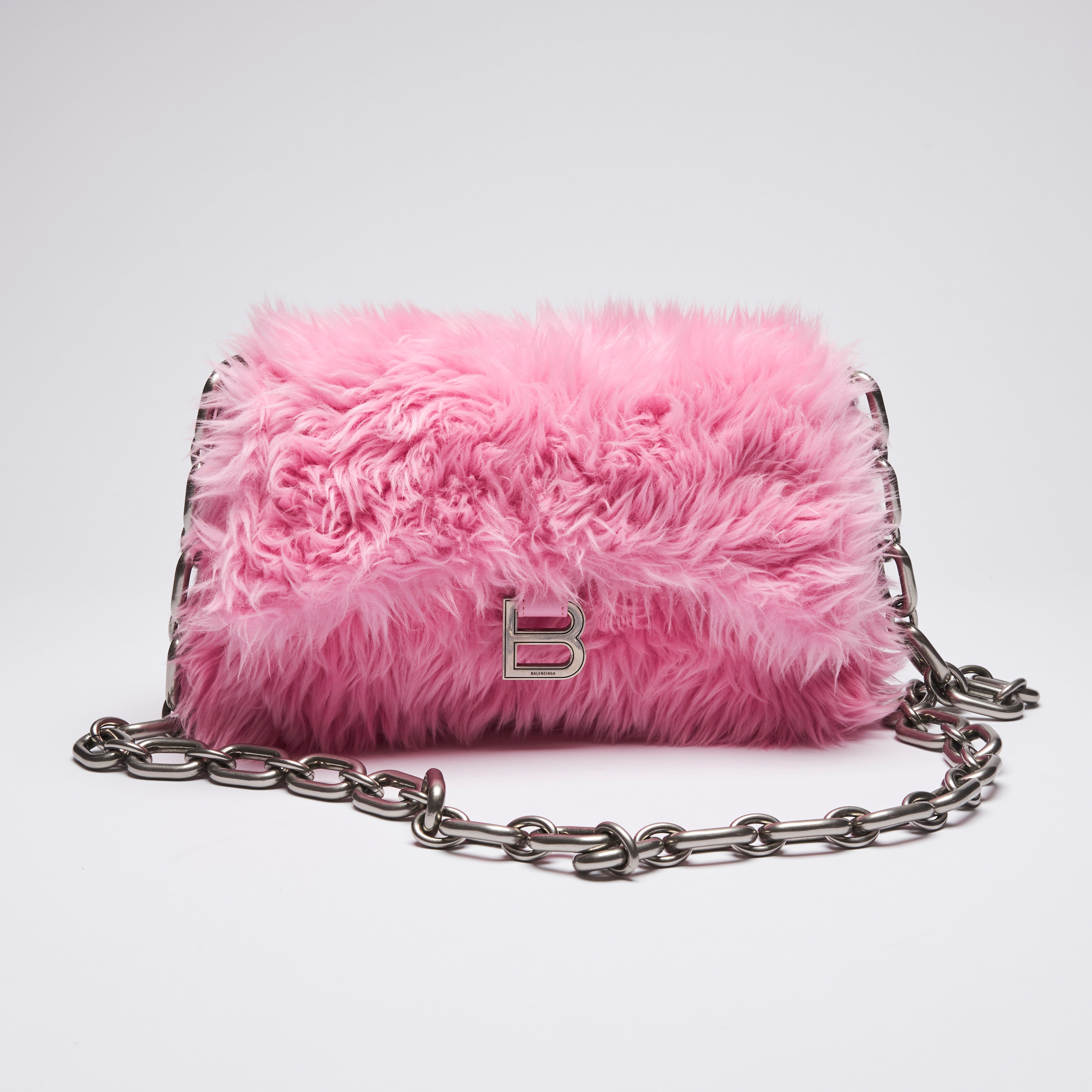 Balenciaga Downtown Pink Fur Shoulder Chain Bag Luxury Finds Consignment