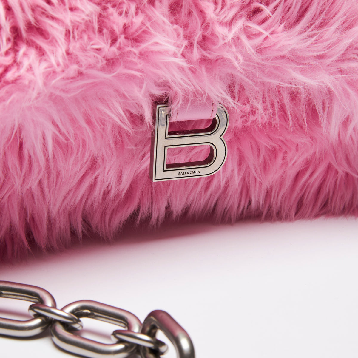 Excellent Pre-Loved Pink Faux Fur Chunky Chain Flap Bag with Aged Silver Tone Hardware. (logo)