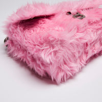 Excellent Pre-Loved Pink Faux Fur Chunky Chain Flap Bag with Aged Silver Tone Hardware. (corner)