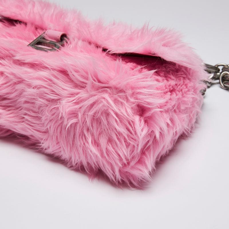 Excellent Pre-Loved Pink Faux Fur Chunky Chain Flap Bag with Aged Silver Tone Hardware. (corner)