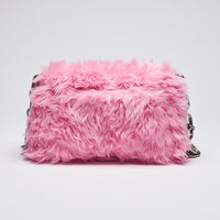 Excellent Pre-Loved Pink Faux Fur Chunky Chain Flap Bag with Aged Silver Tone Hardware. (back)