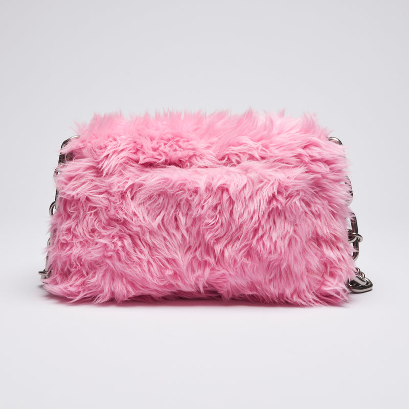 Excellent Pre-Loved Pink Faux Fur Chunky Chain Flap Bag with Aged Silver Tone Hardware. (back)