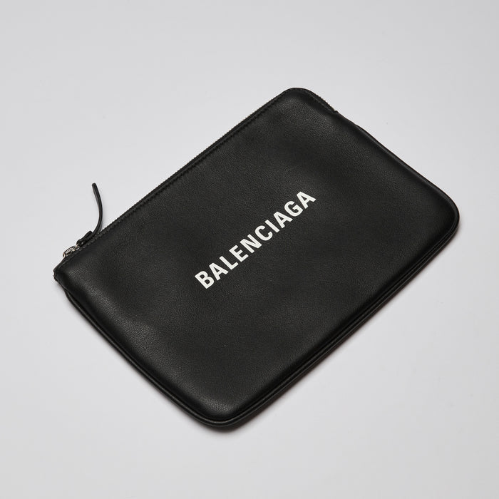 Balenciaga Grained Calfskin Logo Zip Holder Black White