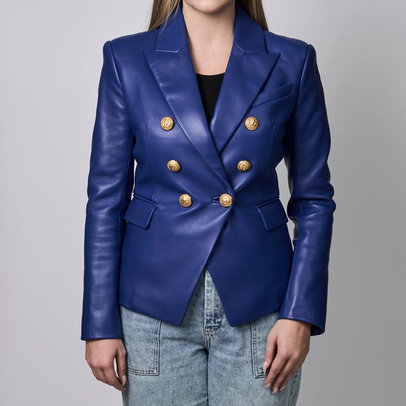 Balmain Blue Leather Double-Breasted Blazer Size 40