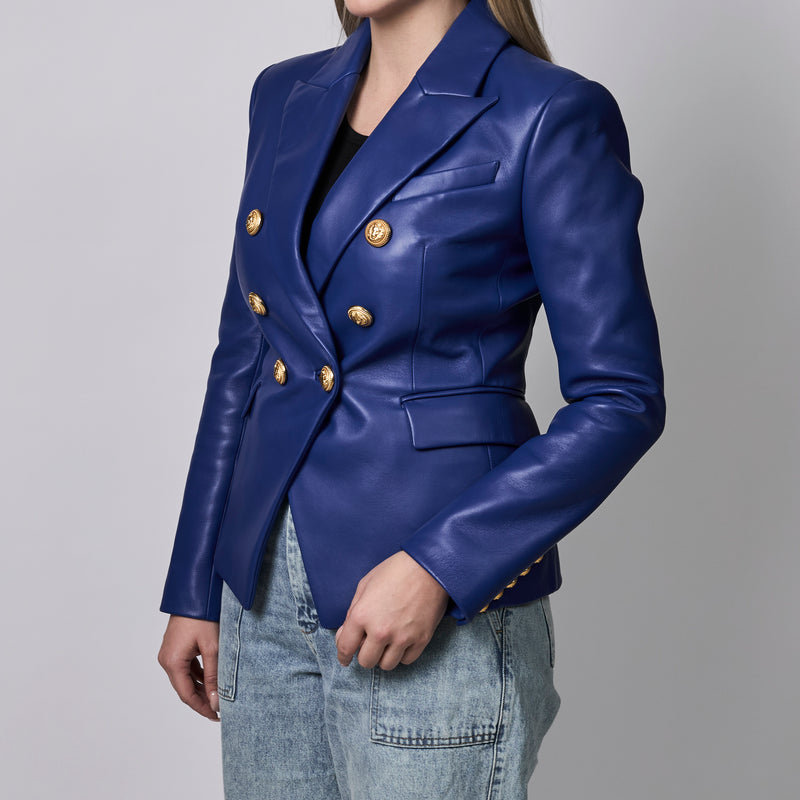 Balmain Blue Leather Double-Breasted Blazer Size 40