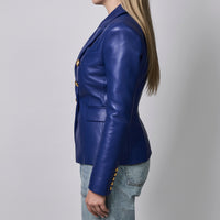 Balmain Blue Leather Double-Breasted Blazer Size 40